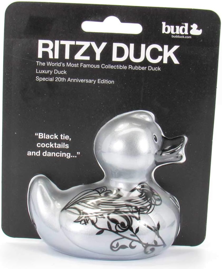 Ritzy (silver) Rubber Duck Bath Toy by Bud Duck | Elegant Gift Packaging "Black tie, cocktails, and dancing!" | Child Safe | Collectable