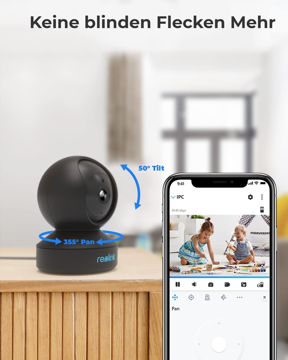 Reolink 2K WLAN Kamera Indoor, Hund Haustier Kamera Babyphone | 355° Schwenk & 50° Neigung, IR-Nachtsicht, 2-Wege-Audio, Baby Monitor mit Personen-/Haustiererkennung, E1 Schwarz