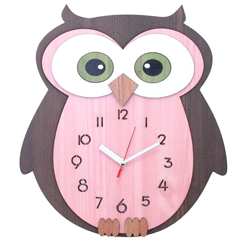 Bronzehouse Cute Owl Wood Wall Clock Non-Ticking, Silent Clock