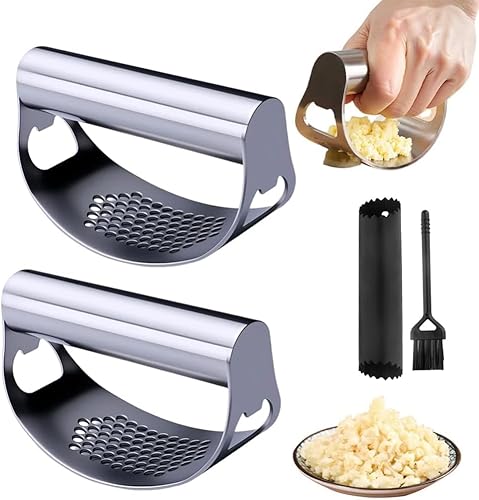 Miniatura 9 de Prensa de Ajo Basculante de Acero Inoxidable, Nueva Herramienta Trituradora de Ajo de Alta Resistencia 2025 con Pelador y Cepillo para Triturar Ajo