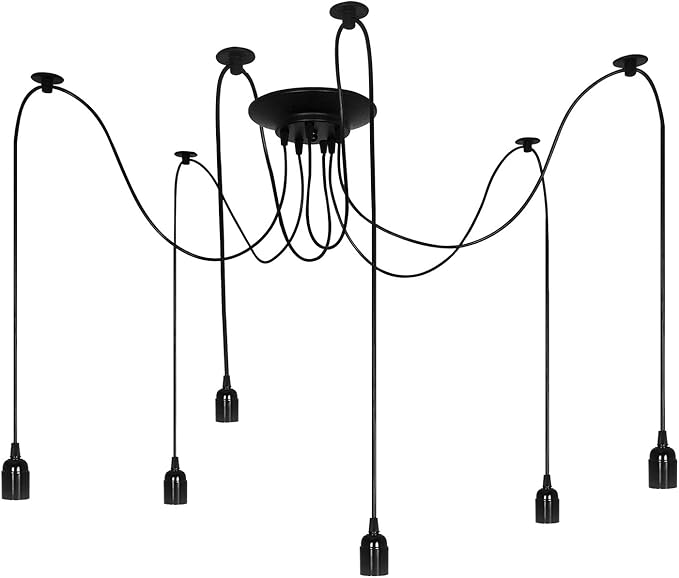 EDO EDO, Vintage Hanglamp ARANEA 6-lichts, Zwart Hangende Lampen, Retro Zwart Lampenkap, moderne industriële hanglampen, vintagehanglamp E27-fitting, plafondlamp voor keuken, woonkamer, zwart, EDO777189