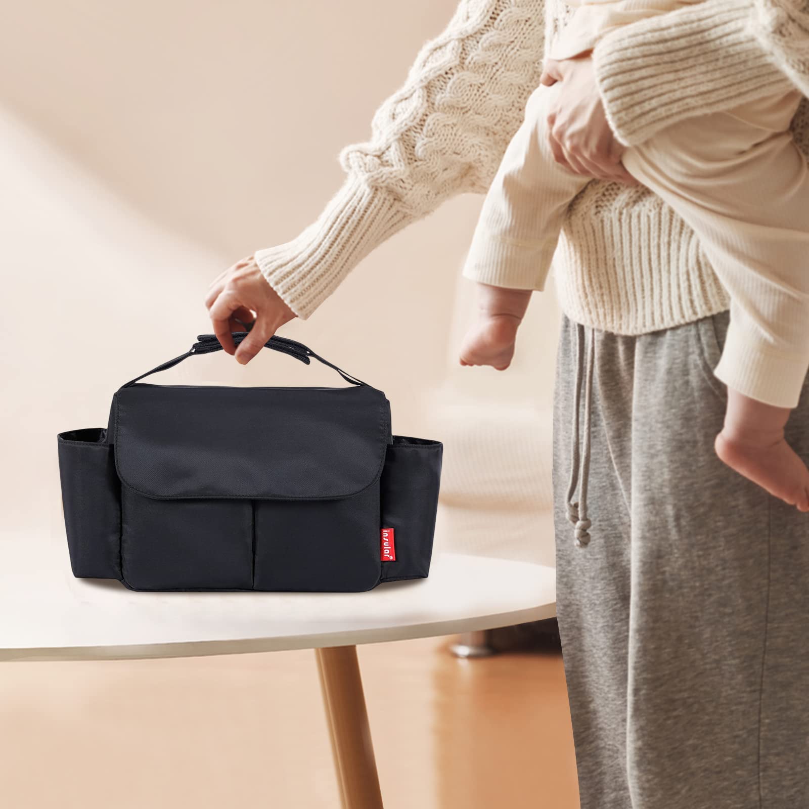 SONARIN Étanche Sac de Rangement pour Poussette,Grande Capacité Organisateur de Poussette Landau Multifonctionnel Universel Sac de Rangement pour Landau avec Porte-Gobelets(Noir)