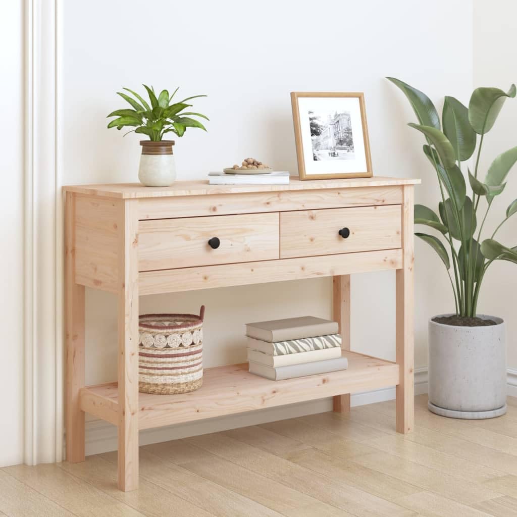 SXZenSpace Solid Pine Console Table 100x35x75 cm, Rustic Hallway Sideboard with 2 Drawers & Shelf, Narrow Sofa for Living Room Bedroom Entryway, Untreated Timber