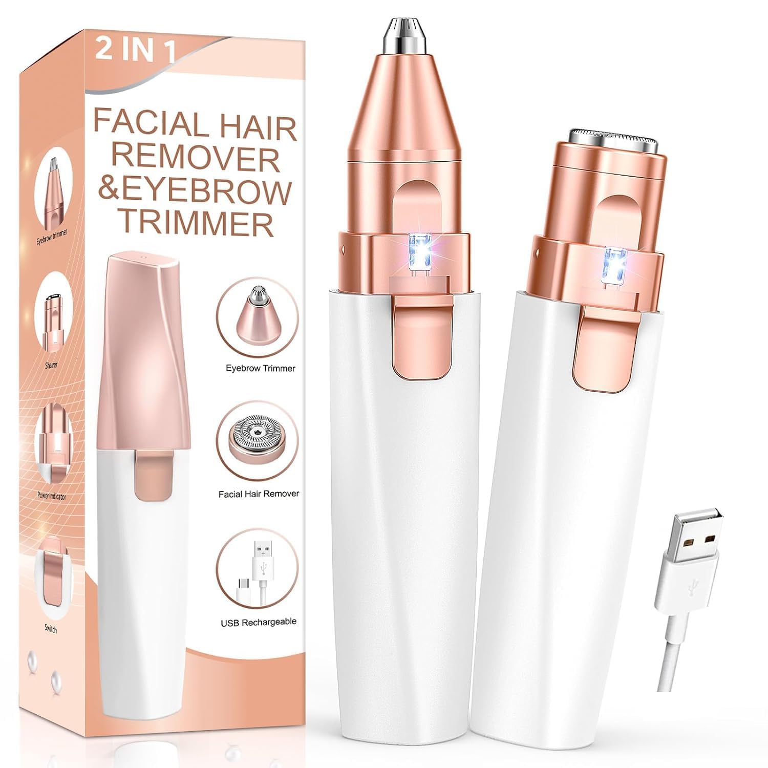 2-in-1 Rechargeable Eyebrow Trimmer for Women Facial Hair Remover Electric Epilator for Face Lips Nose Hair Removal Painless Portable Personal Grooming Kit with LED Light USB Charging Replaceable Heads