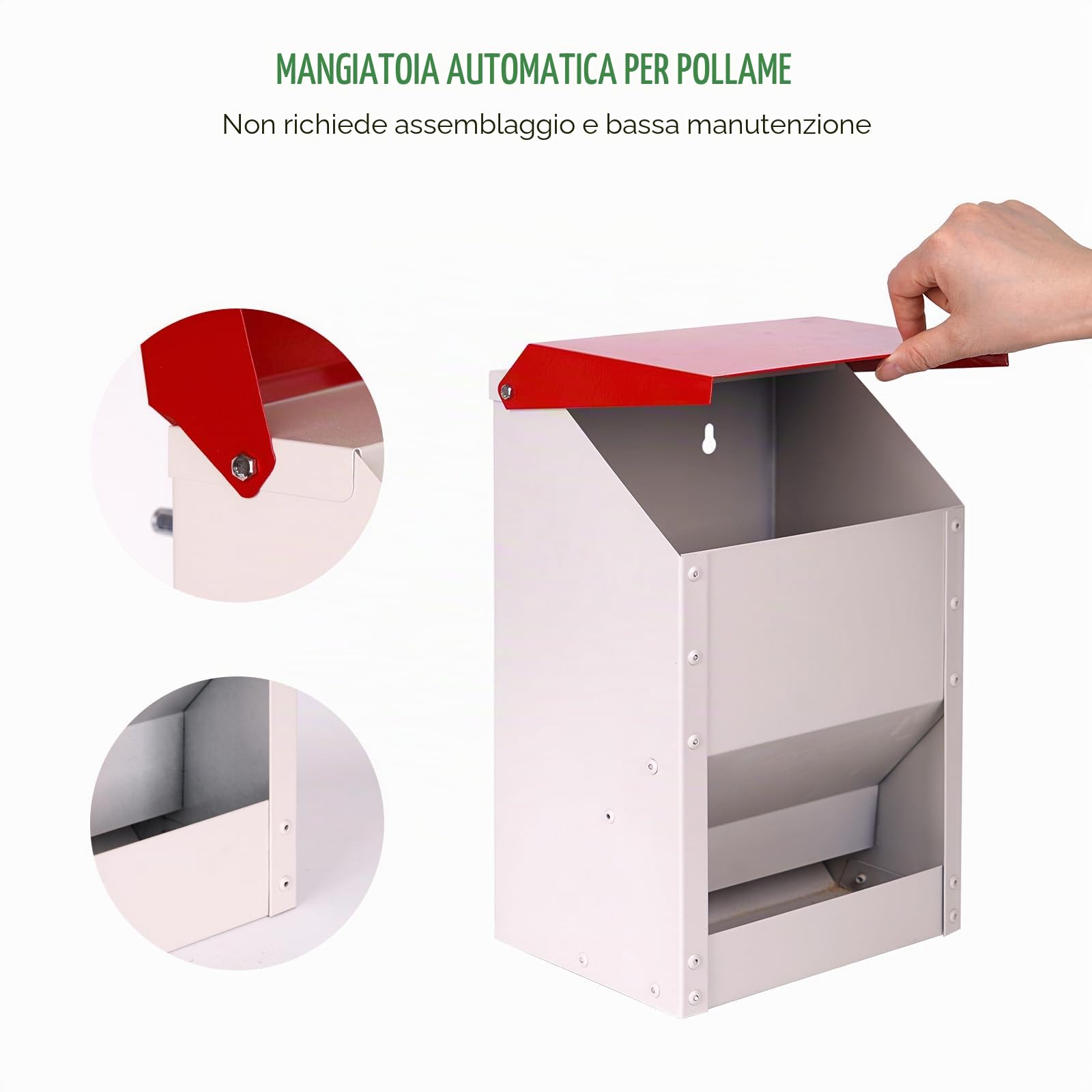 Mangiatoia Automatica per Polli, Mangiatoia per Pollame in Metallo da 4,5 Kg con Coperchio, Mangiatoia per Polli All'Aperto con Distributore di Cibo per Galline, Anatre e Oche