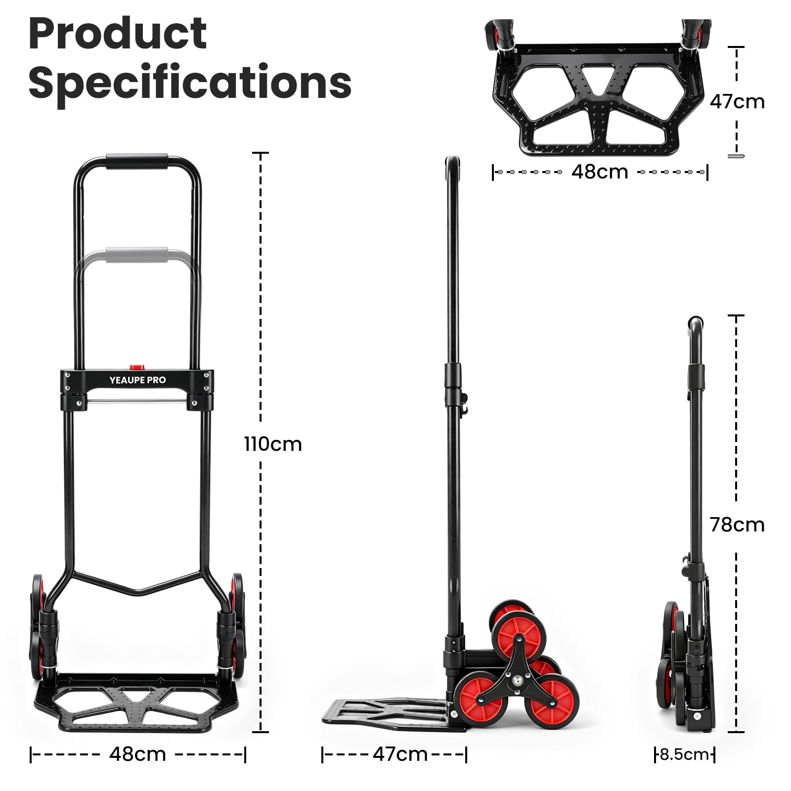 YEAUPE PRO Faltbare Treppensackkarre Höhenverstellbar 50 kg Schwarz | TPR-Rollen, 2 elastische Spanngurte und verstellbarer Griff für Treppen, Umzug, Garten und Transport von Gegenständen