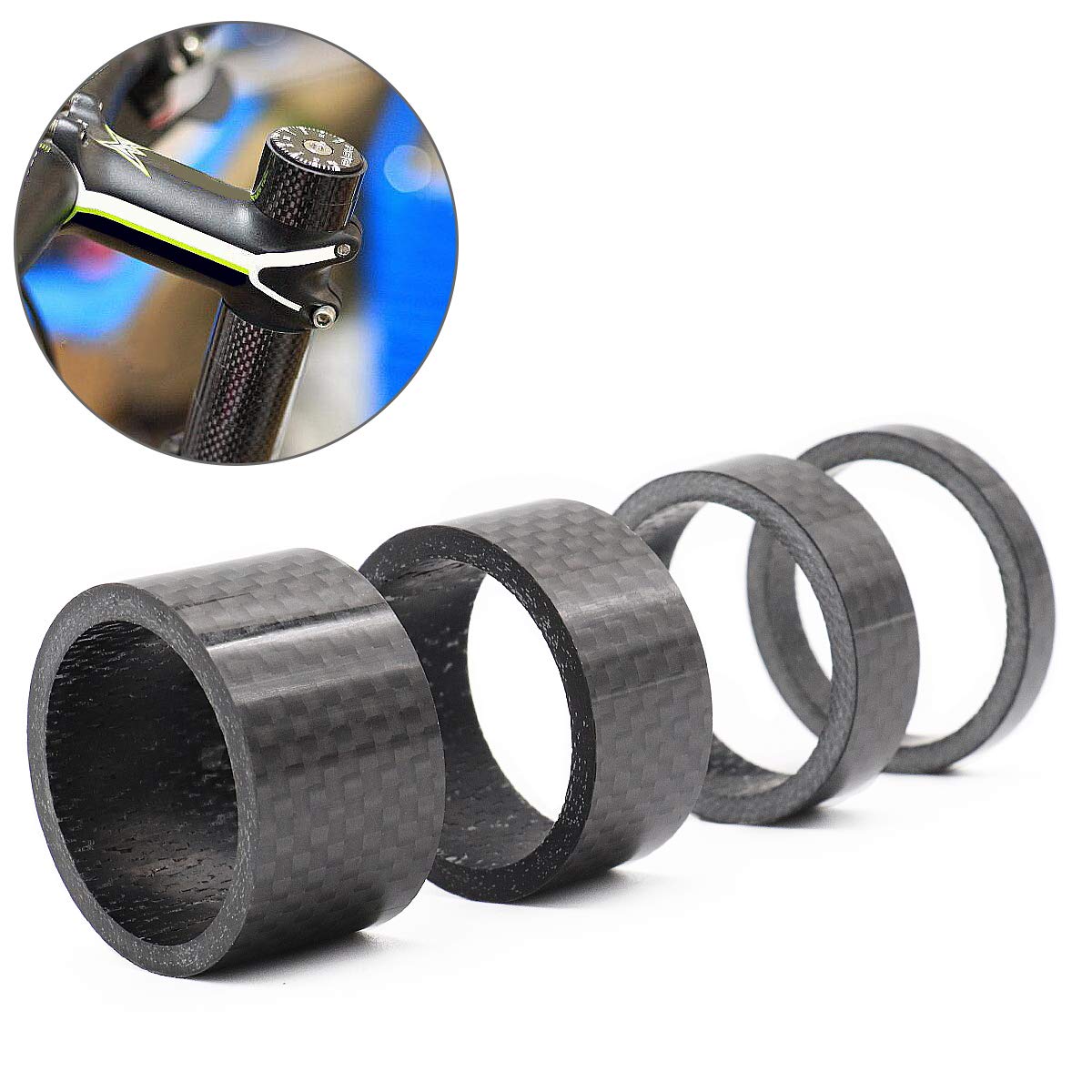 CCUCKY 4PCS Carbon Fiber Bicycle Spacers, Full Carbon Bike Headset Spacer for 1 1/8" Mountain Bikes Road Bikes 4 Sizes 5/10/15/20mm