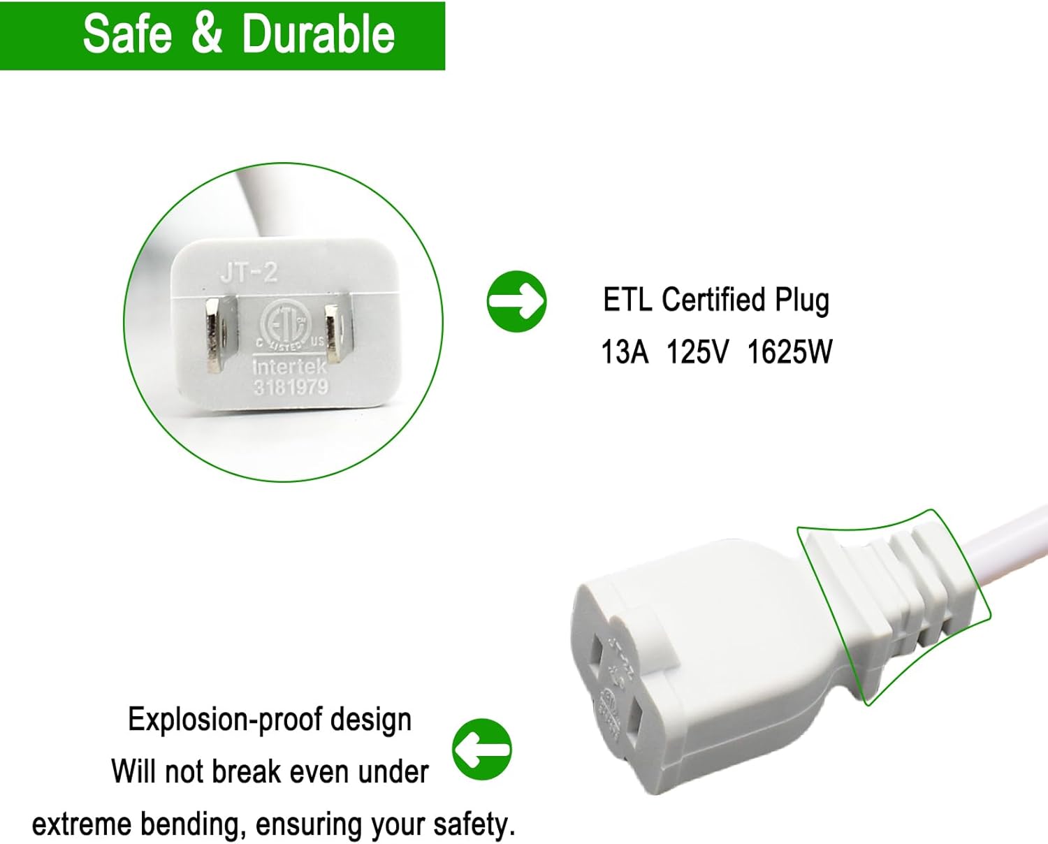 Outdoor Extension Cord 50ft, White Waterproof Extension Cord 16 Gauge 2 Prong Power Cable, 50ft Heavy Duty Power Cord for Yard, Garden,Lights(13A 125V)