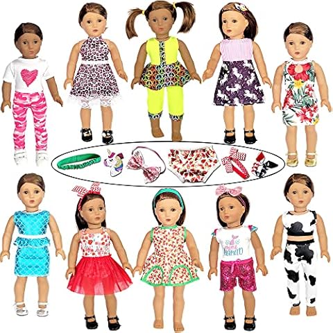 HOAKWA 18 inch Doll Clothes and Accessories fit American 18'' Dolls - Including 10 Complete Set of 18 inch American Doll Clothes Outfits Dress with Unicorn Hair Clips, Hair Bands, Underwear Cover