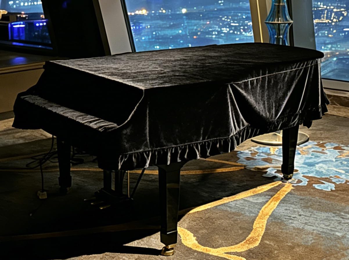 Grand Piano Cover, Velvet Piano Cover Decorative Full black Piano Cloth Sot Bordered Triangle Decorated Protective (Black, Velvet，S - 62.99in/160cm)