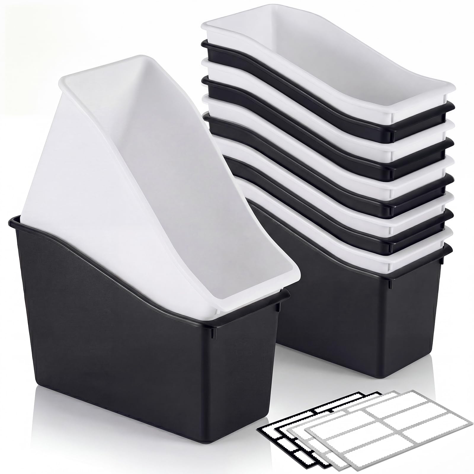 Geetery Plastic Book Bins for Classroom, 24 Pcs, Black, White