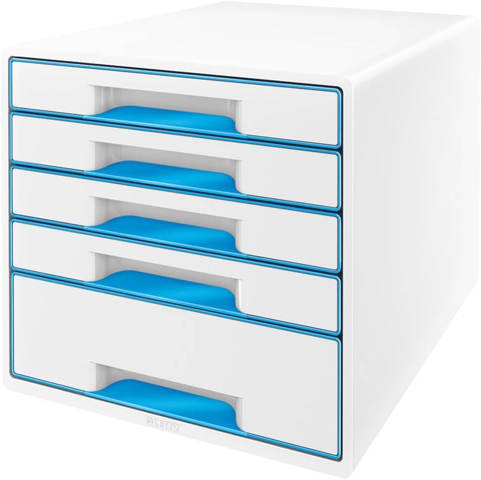 Leitz 5 A4 Drawer Cabinet, Organiser with Transparent Tray, Wow Range, White/Metallic Blue