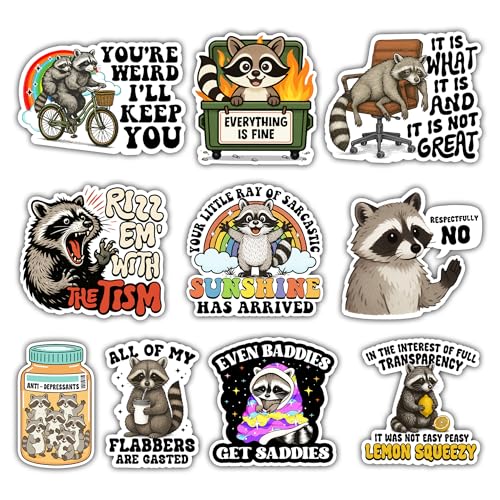 VOTANTA (10 Pcs, 3 inch) - Funny Raccoon Stickers Pack, Rizz Em with The Tism Sticker, It Is What It Is Decals, Sarcastic Humor Quotes Decal Raccoon Lover Gifts Decoration for Laptops, Phones, Bottles
