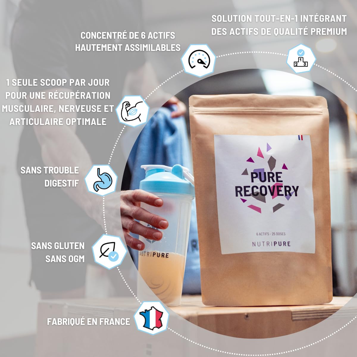 Nutripure | Pure Recovery | Complément Alimentaire Musculation tout-en-1 | Optimise la Récupération | Protéine Whey Isolate, BCAA, Collagène, Zinc, Magnesium | 775 gr | Goût Neutre | Made in France