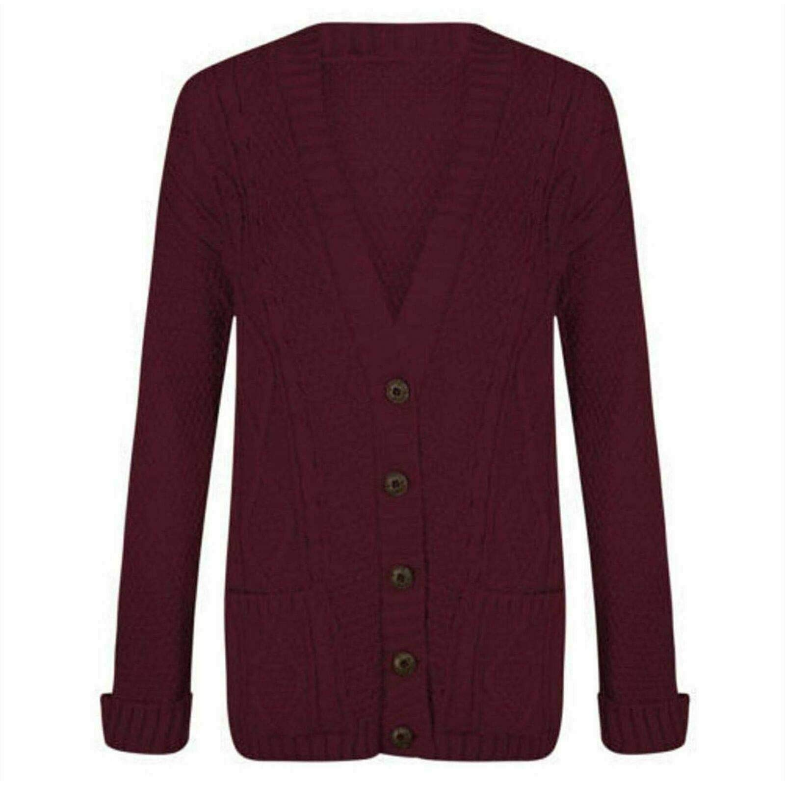 WearAll Womens Cable Knitted Button Cardigan Long Sleeve Ladies Boyfriend Top - Wine 12-14
