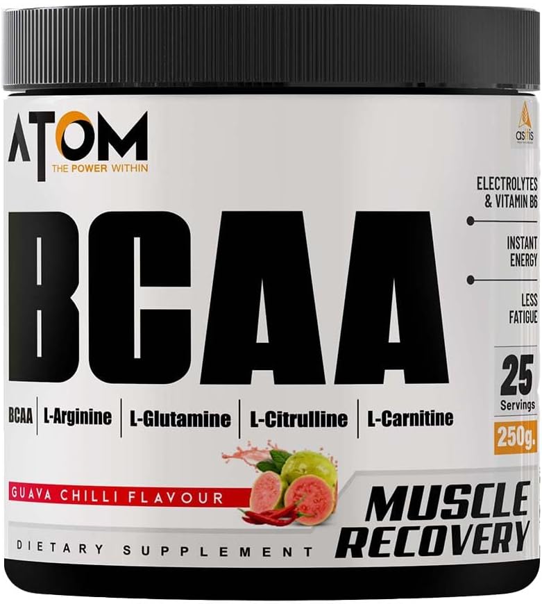 AS-IT-IS ATOM BCAA 250g with L-arginine, L-Carnitine, L-Citrulline for Energy Burst & Athletic Performance | Guava Chilli flavor…