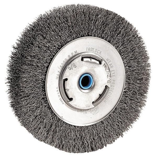 Image of Weiler 03480 6 inch Wide Face Crimped Wire Wheel, .006 inch Stainless Steel Fill, 2 inch Arbor Hole, Made in the USA