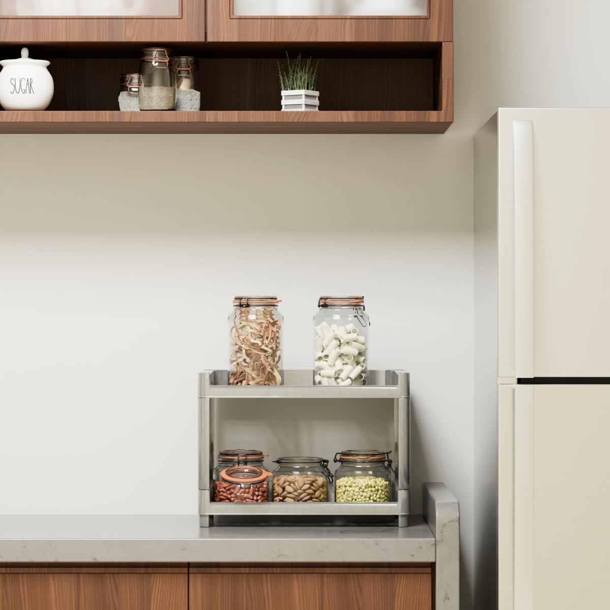 Biltoxi 2 Tiered Shelf Kitchen Rack - Spice Boxes Organizer –Kitchen Rack Stand - Cosmetic Organizer – Counter Top Organizer - Floor Mounted Shelf For Home, Multipurpose Rack (Silver)-image-35