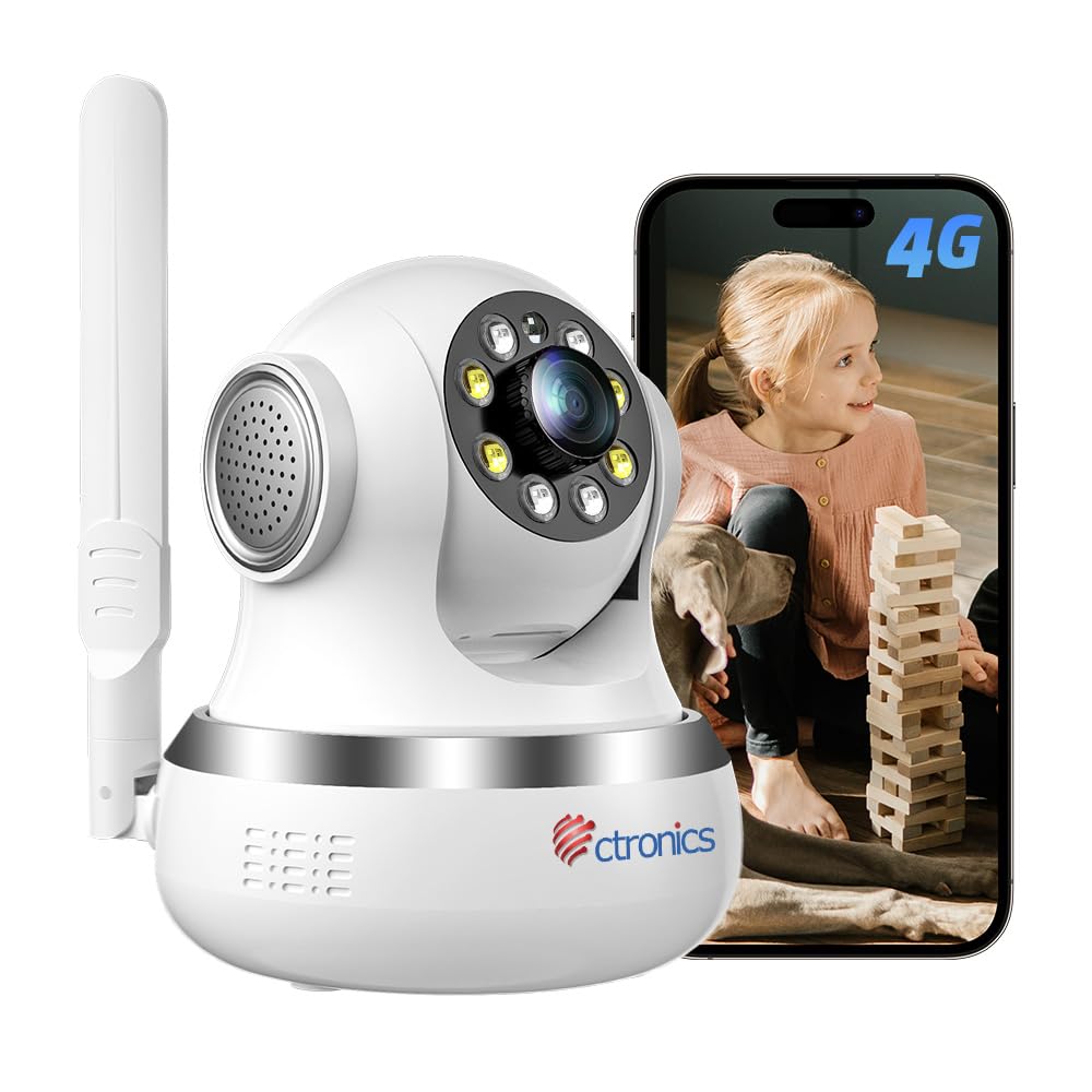 Ctronics 4G Cámara de Vigilancia Interior con SIM, Auto-Tracking, Visión Nocturna Color 20 m, PC/App, 8 Posiciones, Detección Humano, FTP/Cloud, Montaje en Pared/Techo(sin WiFi ni batería)