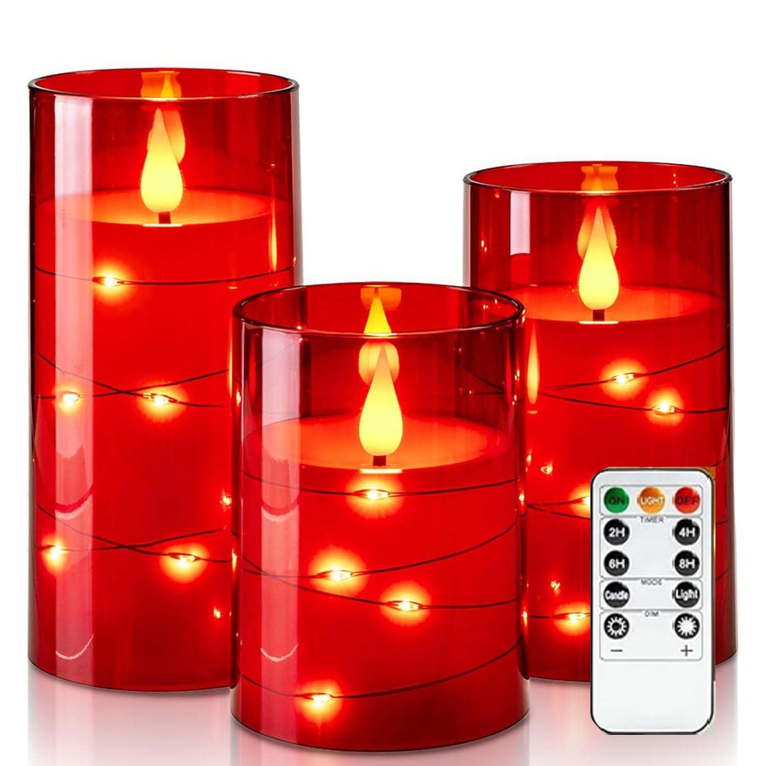 LTETTES Flameless Candles 3 Set | Red Acrylic LED Pillars | Flickering Flame with Fairy Lights | Remote & Timer | Battery Operated | D3 xH4 5" 6" | Home Decor | Safe & Stylish-image-36