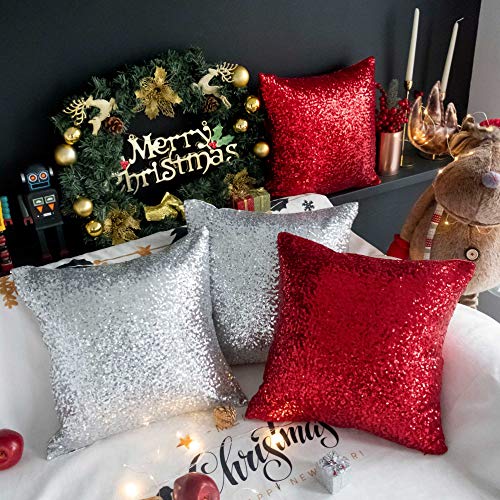 Kevin Textile Decorative Glitzy Sequin & Comfy Satin Solid Christmas Throw Pillow Cover Sham 18 Inch Square Pillow Case, Hidden Zipper Design, (2 Packs,Silver) #TOP5