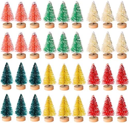 Cholung 48 Pieces Artificial Mini Christmas Trees Bottle Brush Mini Trees Snow Frosted Trees with Wood Base Plastic Tabletop Trees Ornaments for Christmas DIY Crafting Home Decor, 1.8 Inch, 6 Colors