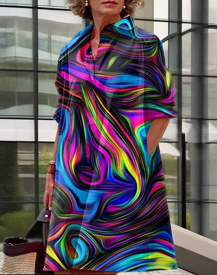 Womens 2025 Long Sleeve Button Down Shirt Summer Dress Casual V Neck Loose Fit Midi Shirt Dresses with Pockets - Image 3