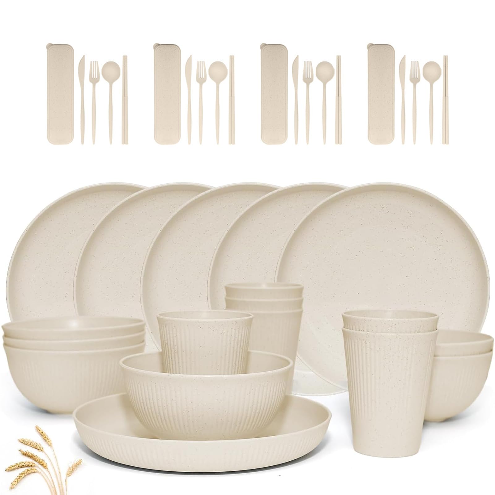 Wheat Straw Dinnerware Sets,28 Piece Unbreakable Dinnerware Sets, Reusable Wheat Straw Plates and Bowls Sets, Travel Camping Cutlery Set, Dishwasher Microwave Safe Dinnerware