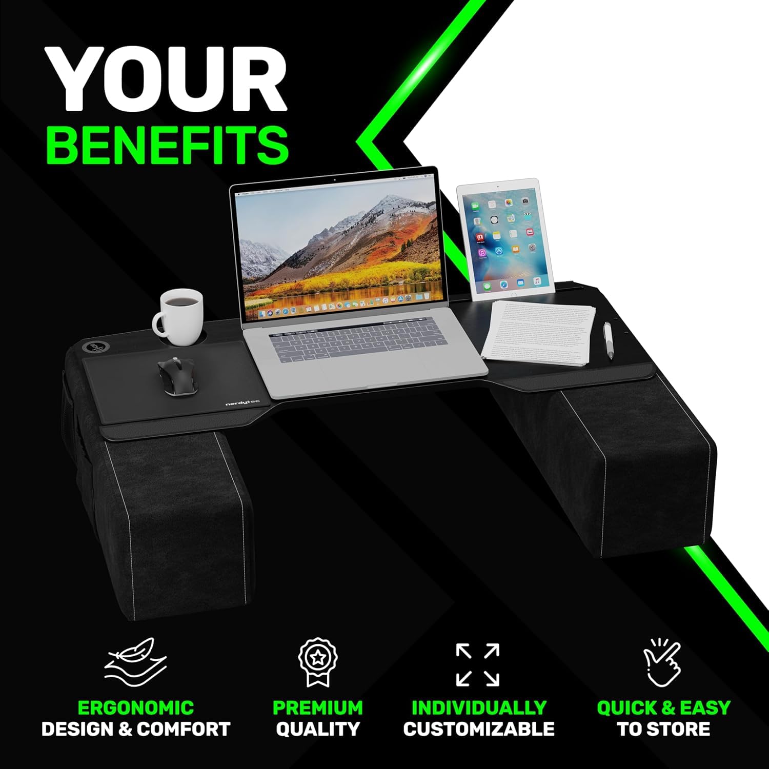 Couchmaster® CYBOSS - Scrivania ergonomica extra large per notebook o periferiche, con cuscino, adatta per letto/divano - lapdesk ergonomico con cuscini - supporto per mouse e tastiera