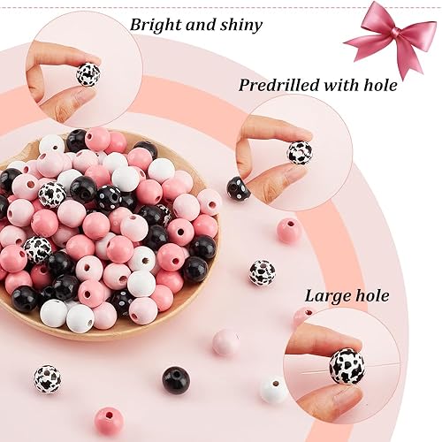 Miniatura 4 de PH PandaHall 218 cuentas de madera con estampado de vaca de 0.630 in, 8 estilos pintados de granja, cuentas espaciadoras para Navidad, Acción de