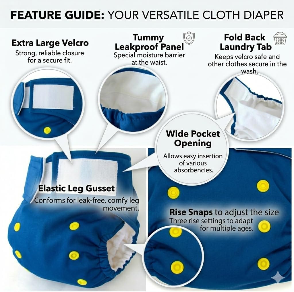 KaWaii Baby One Size HD2 Cloth Diapers, Fast Changing Hook & Loop Reusable Leakfree Cloth Nappies, 6 Diapers with 12 Super Absorbent Diaper Inserts Boy Girl 8-36 lbs