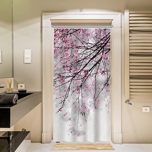 Miniatura 8 de OERJU Cortina de ducha con flores de cerezo, cortina de baño de flores nacionales japonesas, impermeable, tela de poliéster, juego de decoración de