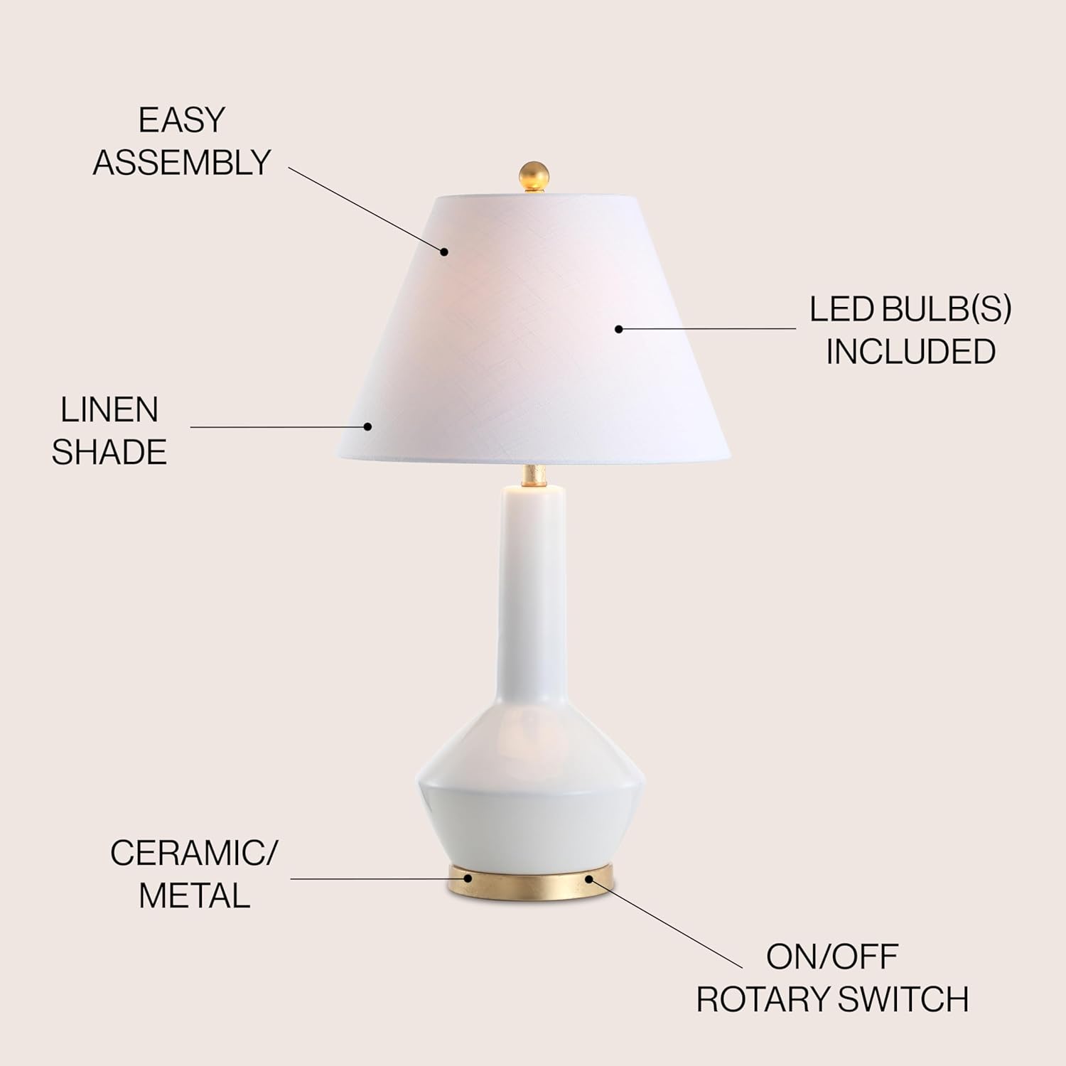 JONATHAN Y 29" White/Brass Ceramic Table Lamp for Bedroom, White Linen Shade, Mid-Century Modern Gourd Bedside Lamp for Living Room, LED Bulb Included (JYL6207B)