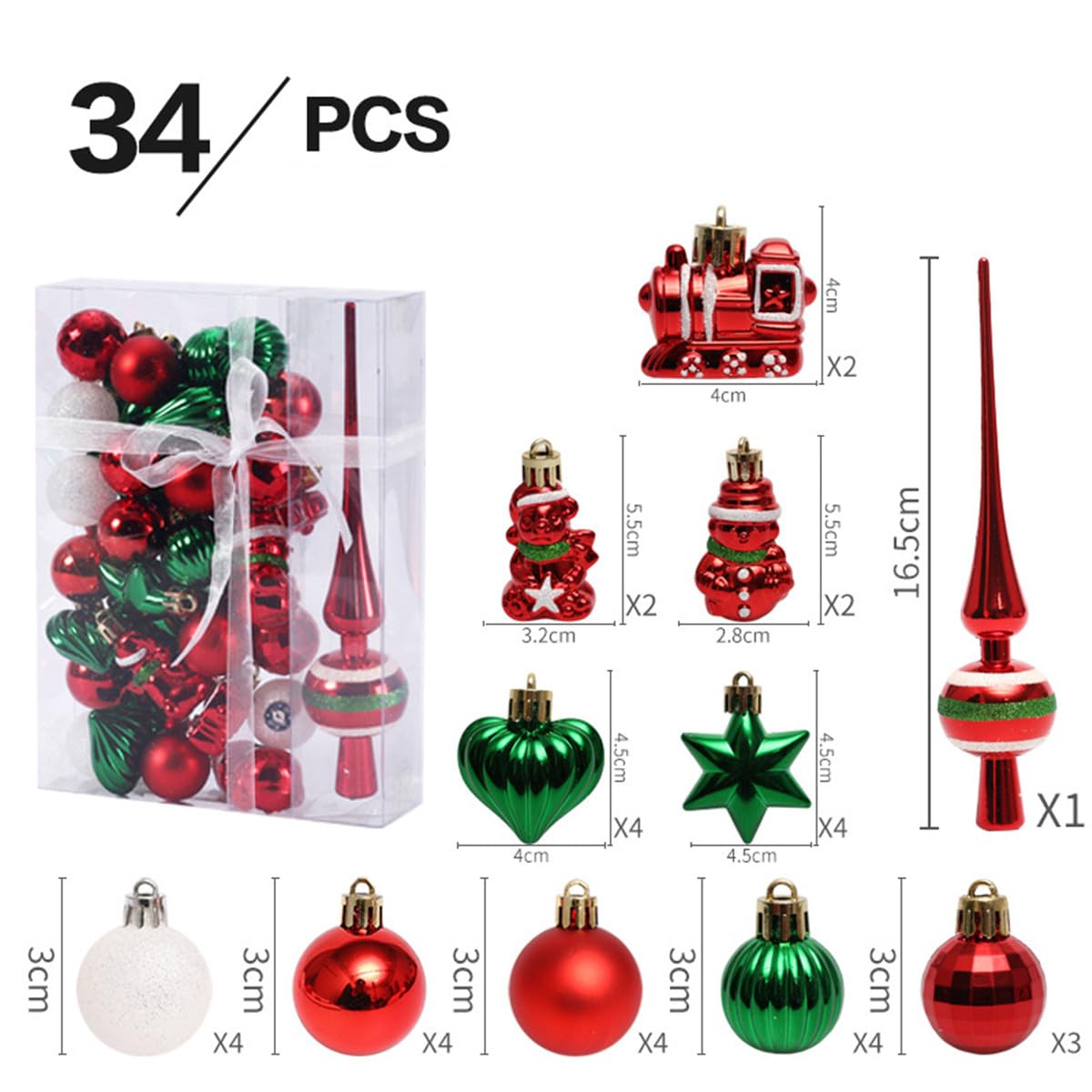 Christbaumschmuck, 34 Stück Weihnachtsschmuck Shatterproof Weihnachtskugel Ornamente Weihnachtsfeier Dekoration (Rot Grün Weiß)