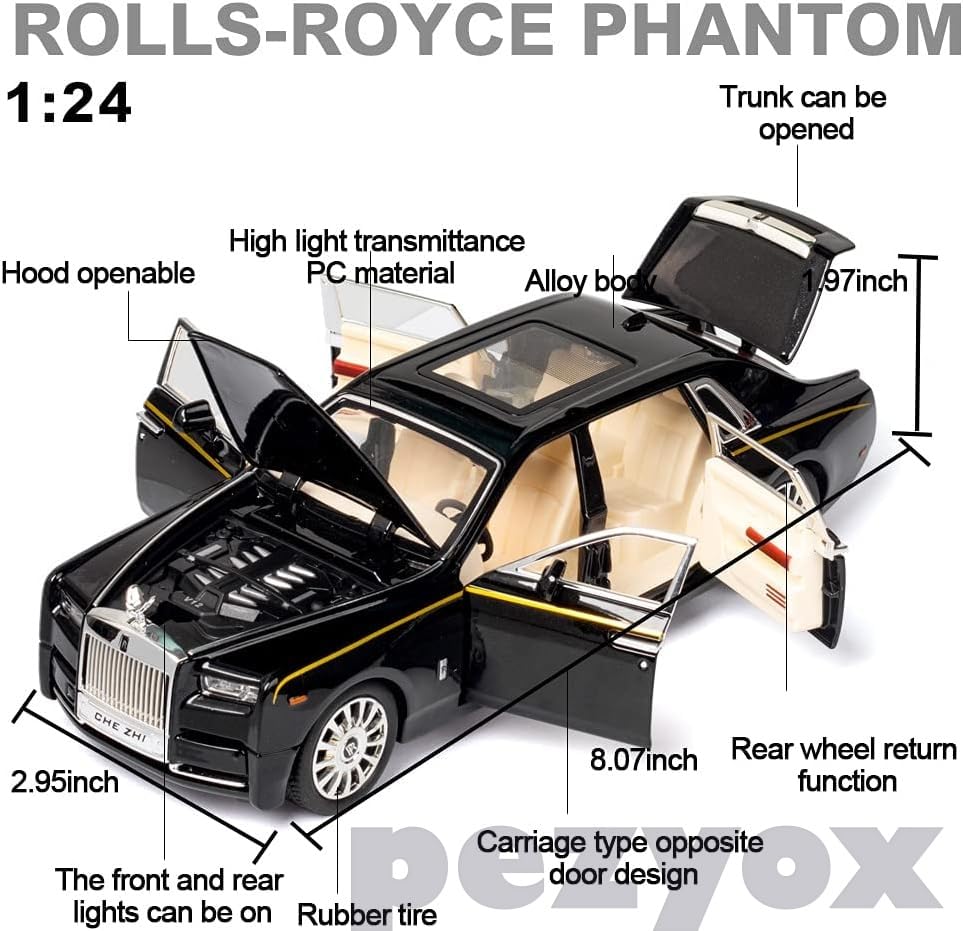 Image of 1 /24 Rolls-Royce Phantom Model Car,Zinc Alloy Pull Back Toy Diecast Toy Cars with Sound and Light for Kids Boy Girl Gift (Black)