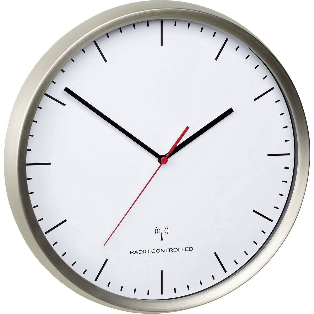 TFA Dostmann Horloge Murale analogique Radio, 60.3521.02, Cadre en Acier Inoxydable, Mouvement Silencieux, précision maximale, argenté