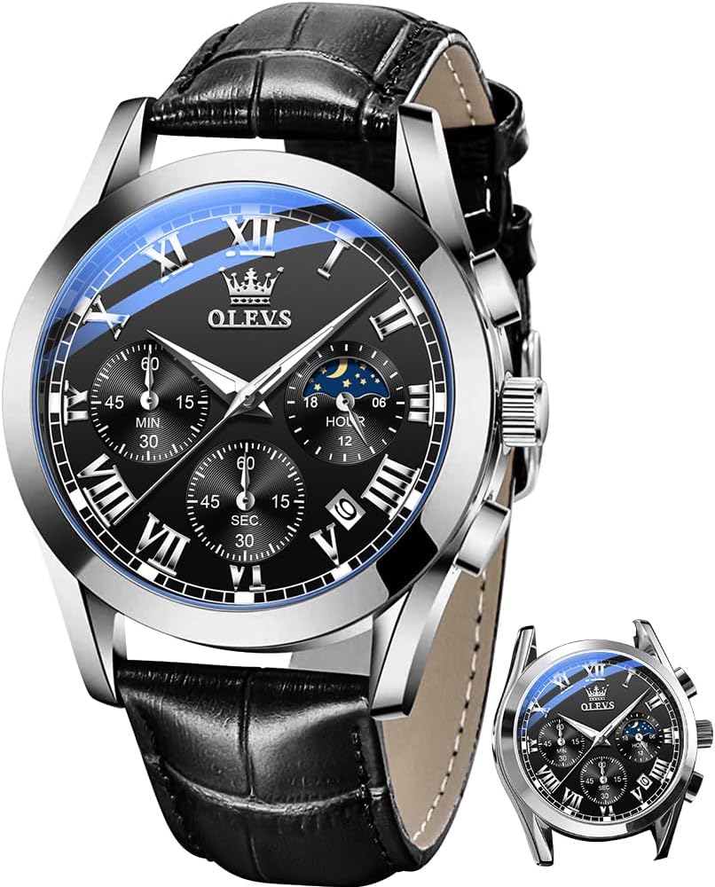 OLEVS Watch for Men Chronograph Brown Leather Analog Quartz