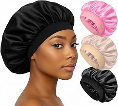 Lyrovo Satin Bonnet for Sleeping – Silk Hair Bonnet for Women with Wide Elastic Band, Large Hair Cap for Curly Hair, Braids & Natural Hair | Hair Cover for Sleeping (Black/Pink/Beige, Pack of 3)