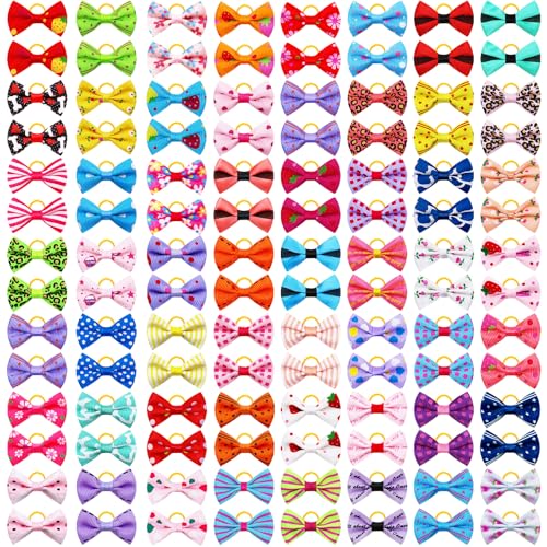 100PCS Dog Hair Bows with Rubber Band for Girl Dog Handmade Hair Accessories Bow Pet Puppy for Small Medium Puppies Grooming Accessories (Mixed-100pcs, Classic Pattern)
