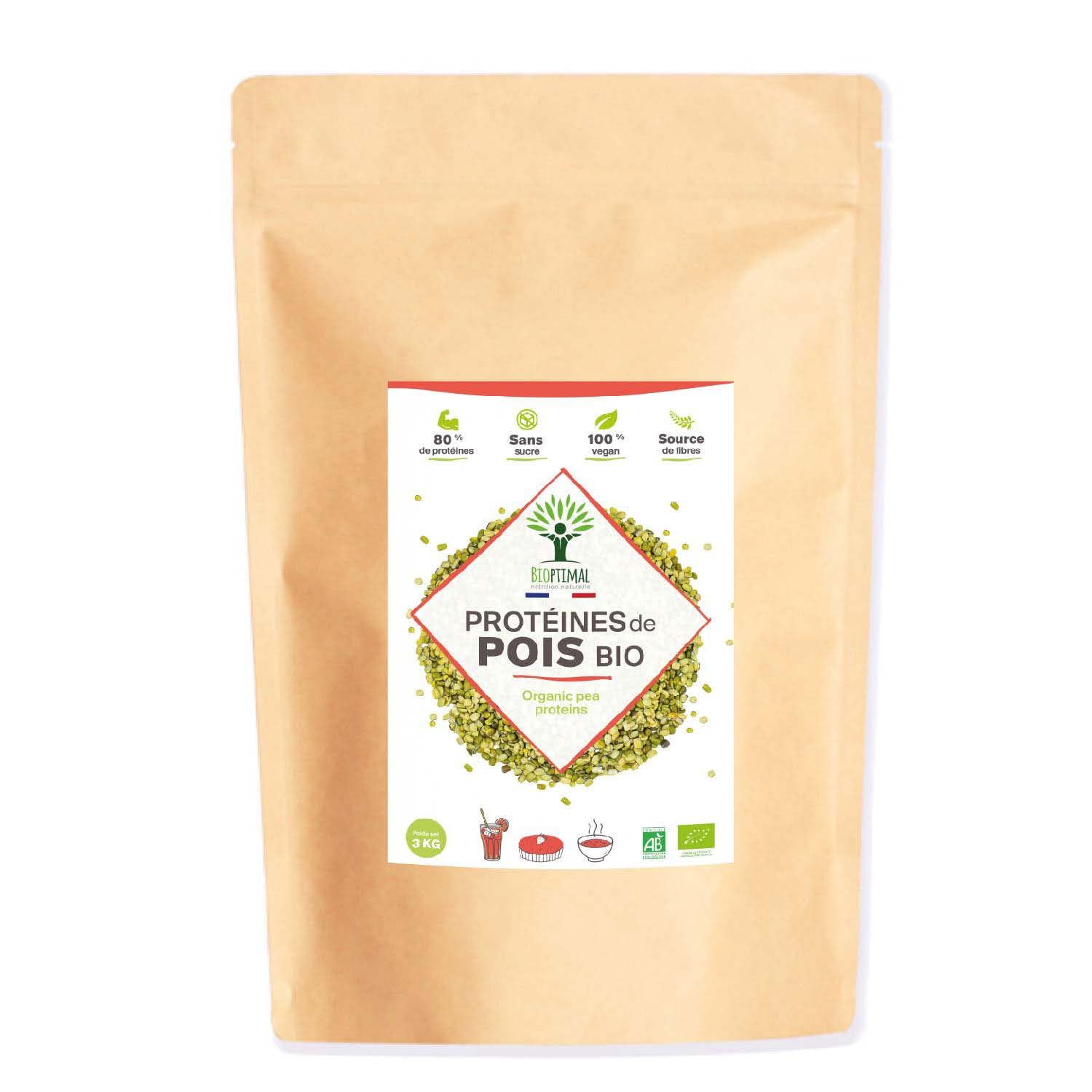 Proteina di Pois Bio - Biottimale - 80% Proteine - 12% BCAA - Alta Digestibilità - Energia Sport Musculare - Polvere di pois Giallo - 100% Puro - Confezione in Francia - Certificato Ecocert - 3 kg