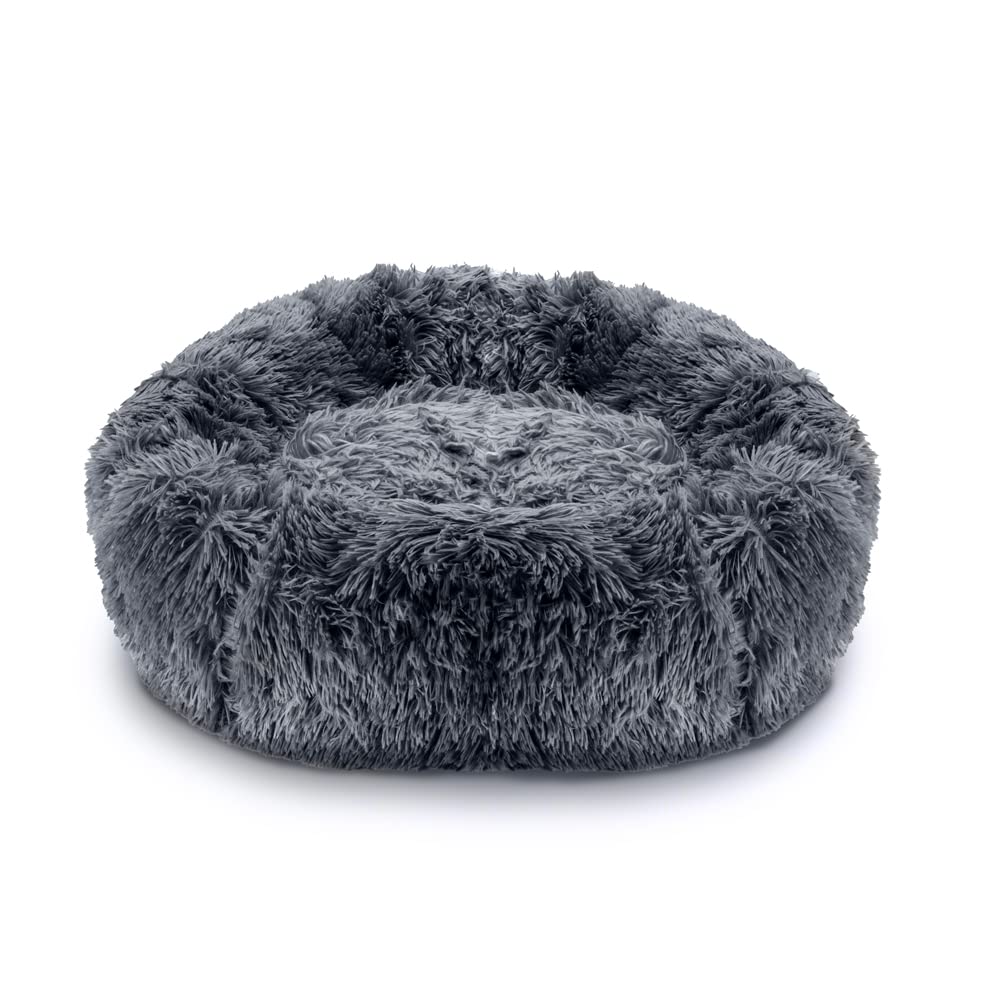 Pawamore Stress Relief Anxiety Pet Calming Comfort Round Noodle Donut Cushion Nest Cat Dog Bed with Warm Soft Plush Cover (Medium | 60cm Diameter, Dark Grey)