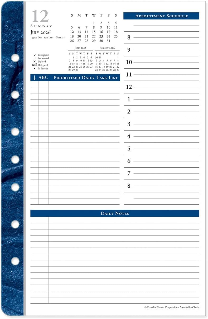 FranklinCovey - Monticello Ring-Bound Planner Refill - One Page Per Day (Classic, Jul 2026 - Jun 2027)