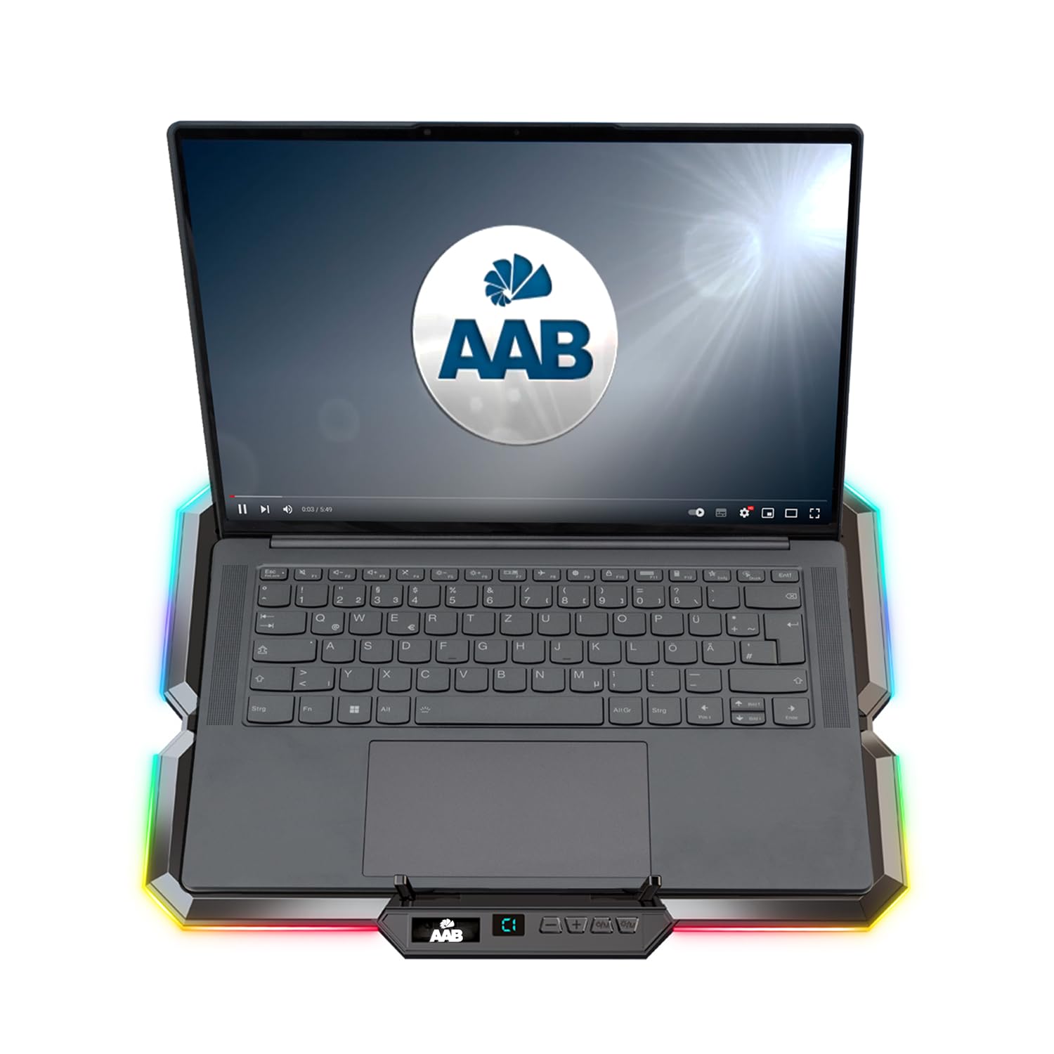 AABCOOLING EFFECTUM -Base de Refroidissement Portable- Ventilateur pour Ordinateur Portable 9-17"- USB-C - 10 LED Ventilateurs Silencieux, Efficaces -Côté rétroéclairé RVB -Réglage de 5 Hauteurs