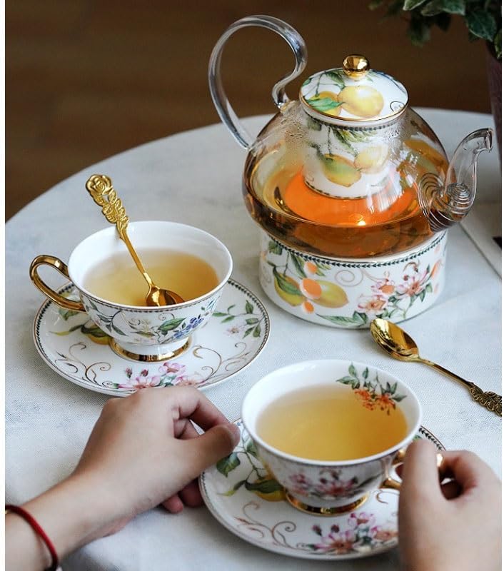 Ceramic Flower Tea Cup Set Afternoon Sets Fruit Teapot Can Be Brewed Heated Base Coffee Cups Saucers