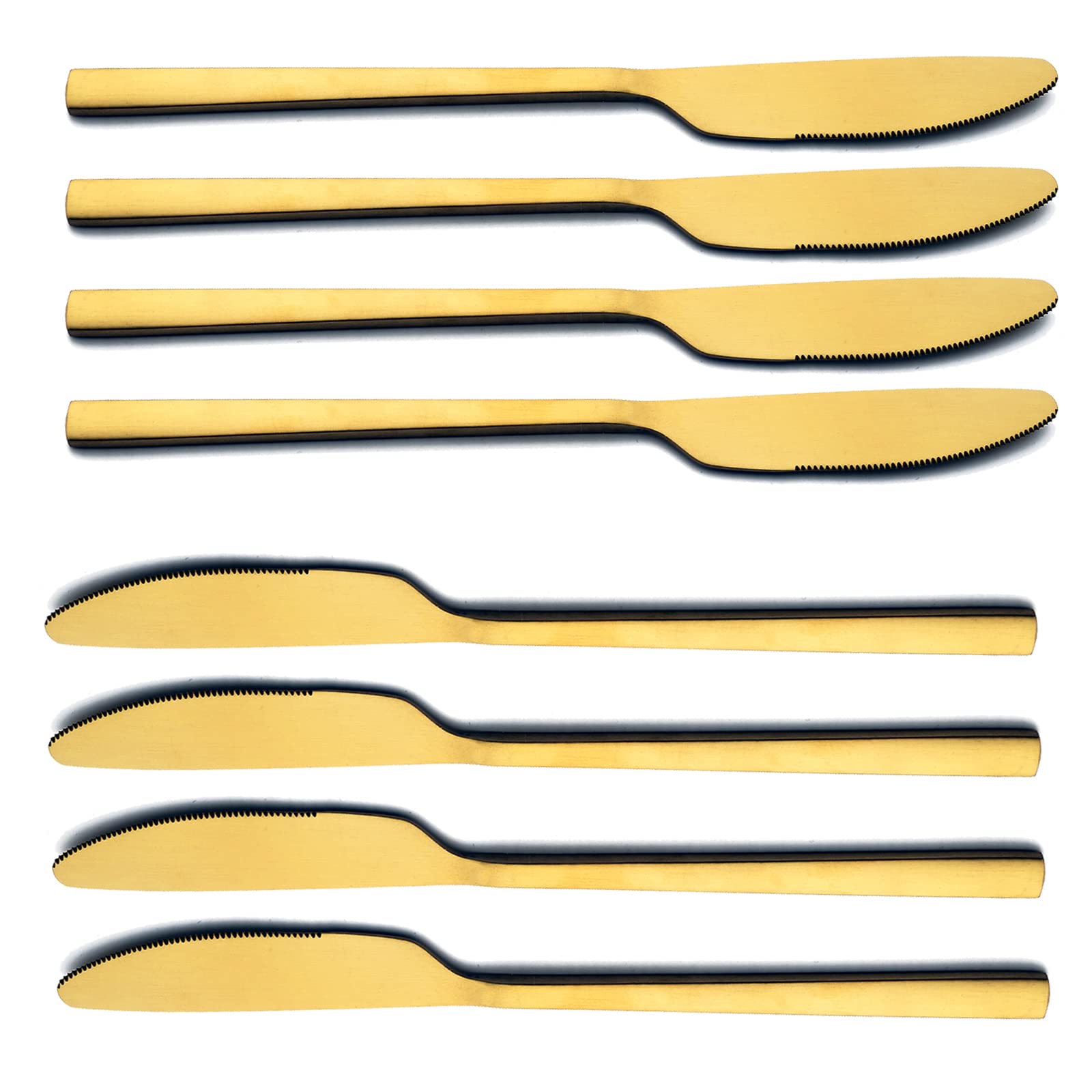 snplowum 8pcs Gold Dinner Knife, 8.27 Inch Food Grade Stainless Steel Serrated Steak Butter Knife, Modern Design & Square Edge, Matte Finish