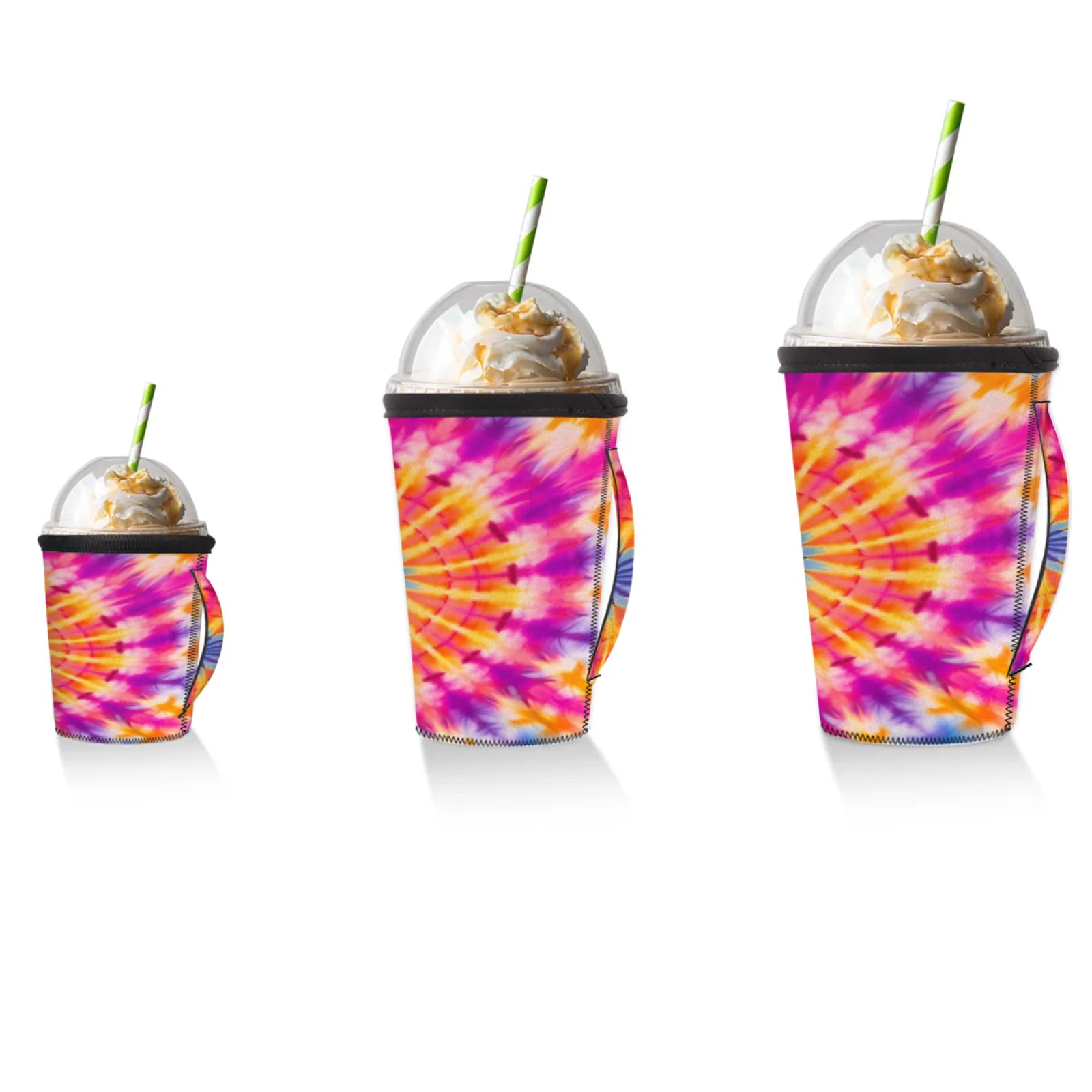 Round Tie Dye Reusable Neoprene Coffee Sleeve with Handle Insulated Iced Coffee Cup Holder Reduces Condensation Fits 24-28 oz Cups M