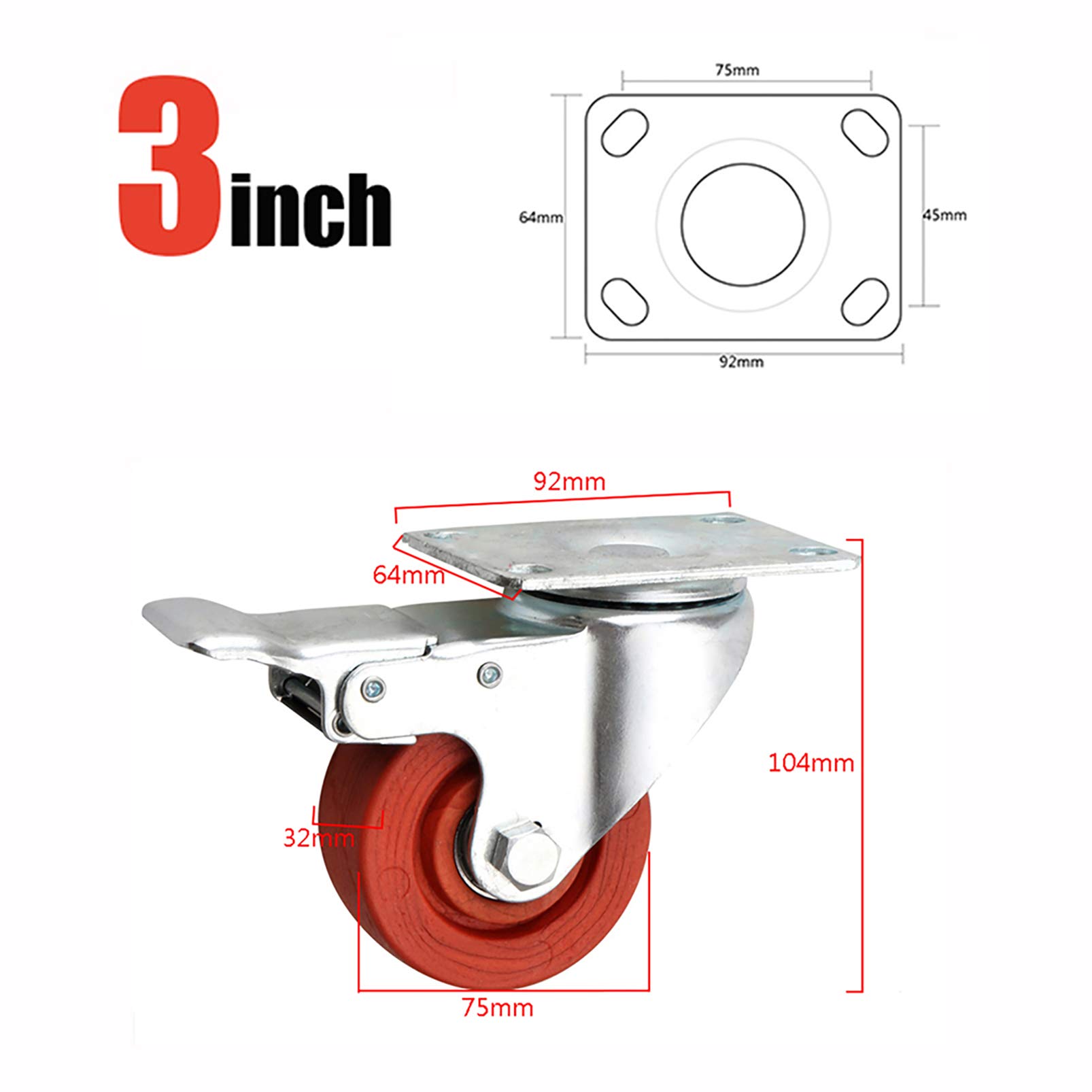 Nylon Rosso da 3 Pollici e 4 Pollici Rotelle Pivotanti con Piastra Superiore a 360 Gradi, Ruote Industriale con Freni, Resistenza alle Alte Temperature, capacità di carico di 100 kg