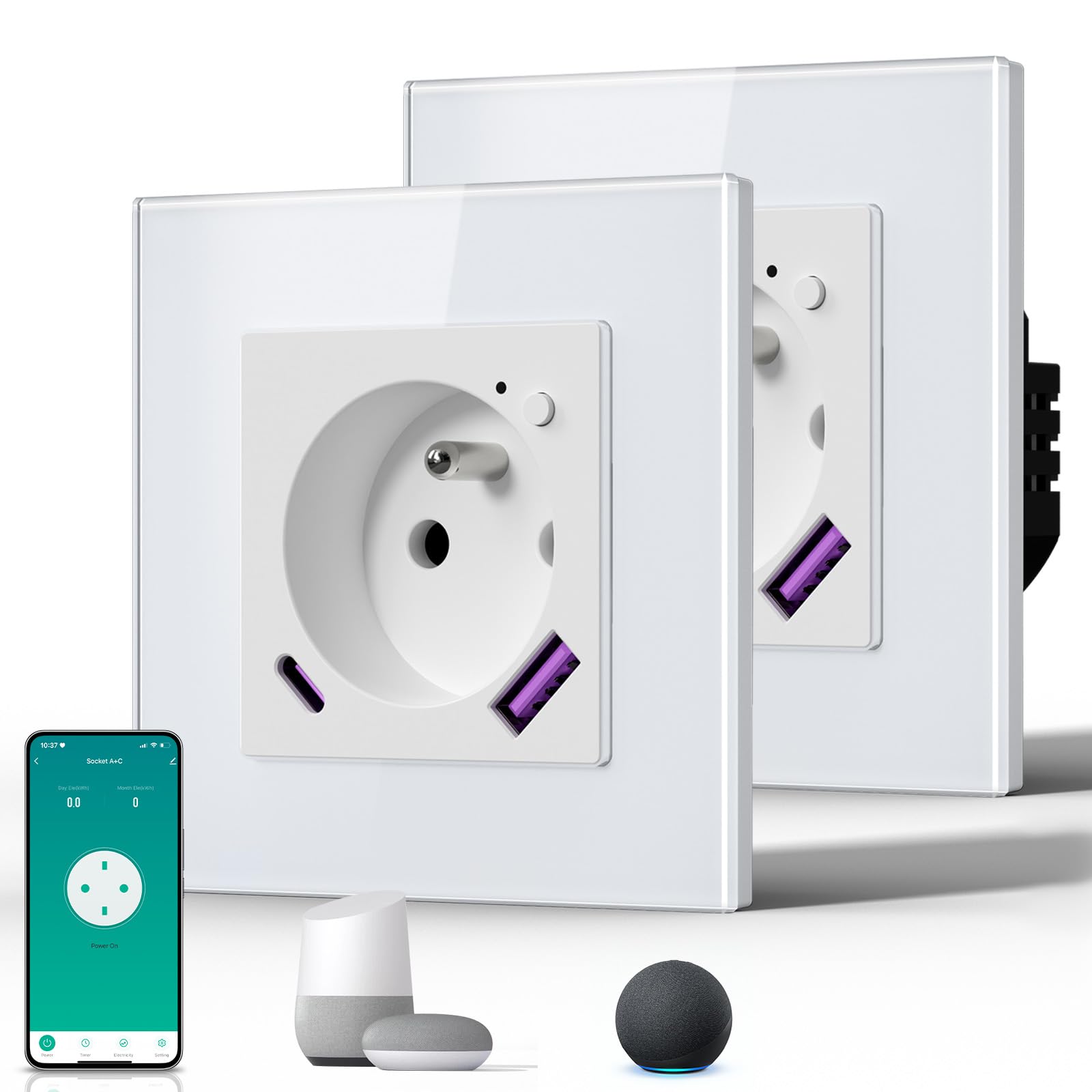 BSEED Prise Connectée WiFi, Prise Programmable Electrique avec PD 20W USB/TYPE C, Fonction de surveillance énergétique, Compatible avec Alexa/Google Home/Tuya APP, 86mm, 2Pack, Blanc