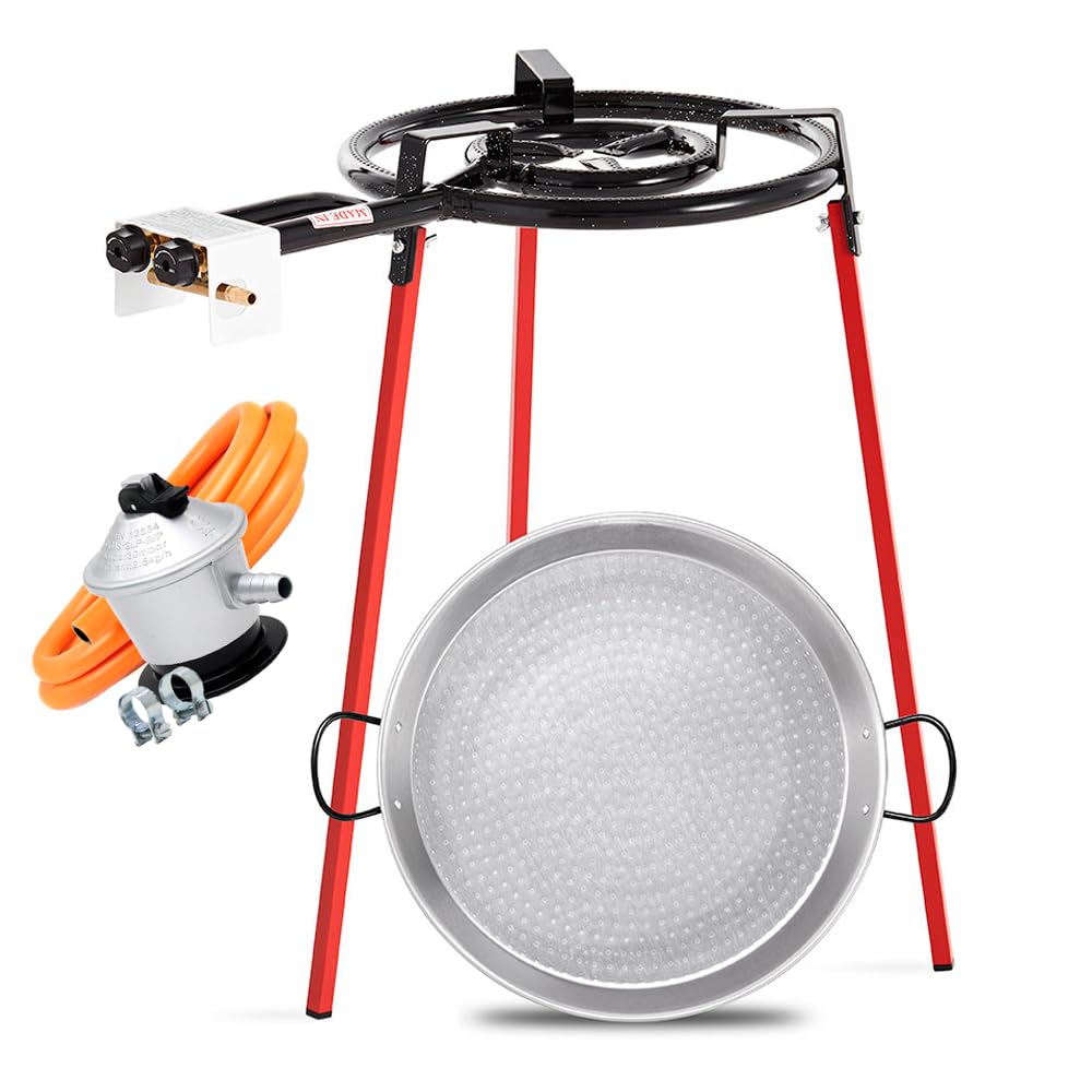Genérico Set Paella completo. Paellero 40 cms + Paellera acero 46 cms + Soporte patas + kit toma de Gas. Piña+manguera+bridas. Solo faltan los ingredientes!!