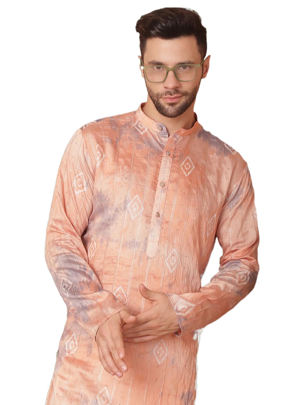 Jompers Men's Peach Tie-Dye Printed Kurta Only (Peach, L)